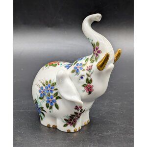 Vtg Porcelain Hand Painted White Elephant Figurine Floral and Gold Trunk Up 4"